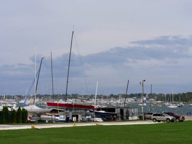 Newport, Rhode Island-September 2017: Fishing boats, sailboats and yachts at the marina at Fort Adams, a National Historic Landmark in Newport.