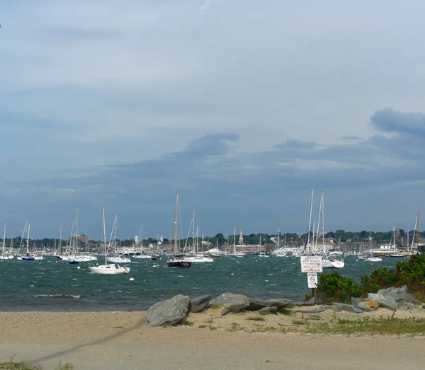 Newport, Rhode Island-September 2017: Harbor view from the marina with sailboats and fishing boats at Fort Adams, Newport.