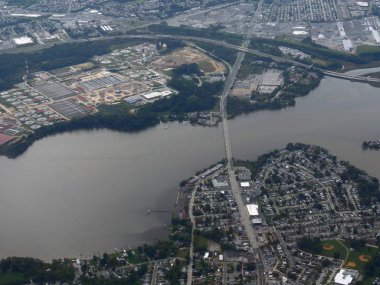 Baltimore, Maryland- September 2017: Aerial view of the Curtis Creek with buildings. 