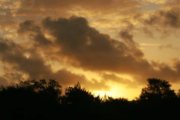 Céus Dourados Fiery Com Nuvens Dramáticas Pôr Sol — Fotografia de Stock