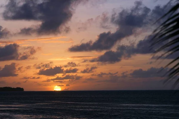 Brede Opname Van Een Tropische Zonsondergang Met Volle Ronde Zon — Stockfoto