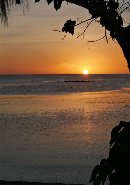 Retrato Pôr Sol Tirar Fôlego Água Emoldurada Pela Silhueta Uma — Fotografia de Stock