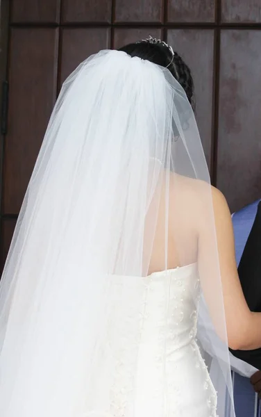 Vista Posteriore Una Sposa Abito Sposa Lungo Velo Scorrevole — Foto Stock