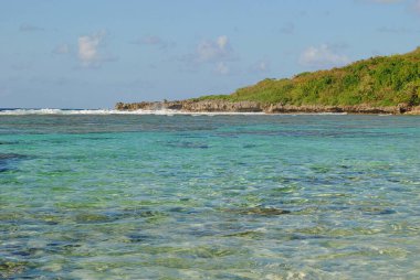 Tropikal bir adada kristal berraklığında suları olan el değmemiş bir sahil.
