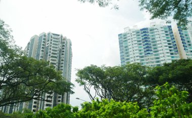 Singapur, Singapur-Mart 2016: Singapur 'da yeşil ağaçların ve yeşilliklerin arkasında görülen modern, yüksek binalar.