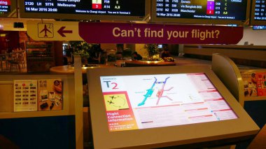 Singapur, Singapur-Mart 2016: Singapur 'daki Changi Havalimanı içindeki uçuş bağlantısı bilgi panosu.