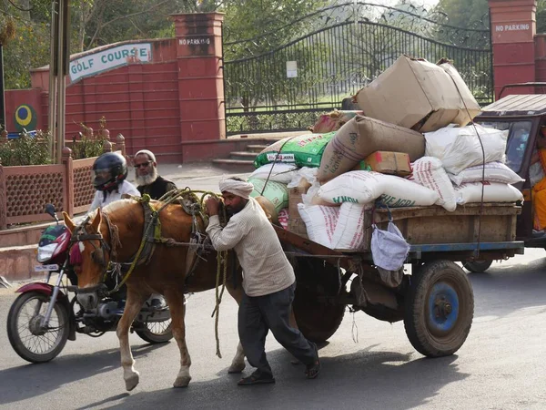 Agra Uttar Pradesh India Marzo 2018 Hombre Tira Carro Cargado — Foto de Stock