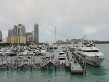 Miami, Florida- Aralık 2018: Tekneler ve yatlar Biscayne Körfezi 'ndeki limana yanaşmış, arka planda yüksek binalar var..