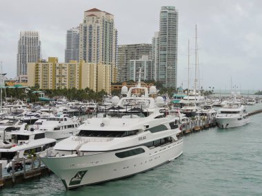 Miami, Florida- Aralık 2018 'de Biscayne Körfezi' ndeki yat ve botların arka planında yüksek binalar bulunan orta büyüklükteki görüntüleri çekildi..
