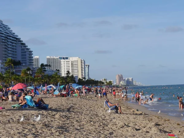 Fort Lauderdale, Miami- Aralık 2018: Fort Lauderdale 'in plajlarında günün tadını çıkaran bir sürü tatilcinin olduğu geniş sahil manzarası. 