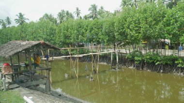 Tagum City, Filipinler- Mart 2016: Yolun kenarındaki karanlık bir hendeğe yakın bir kulübede bir adam oturuyor. 