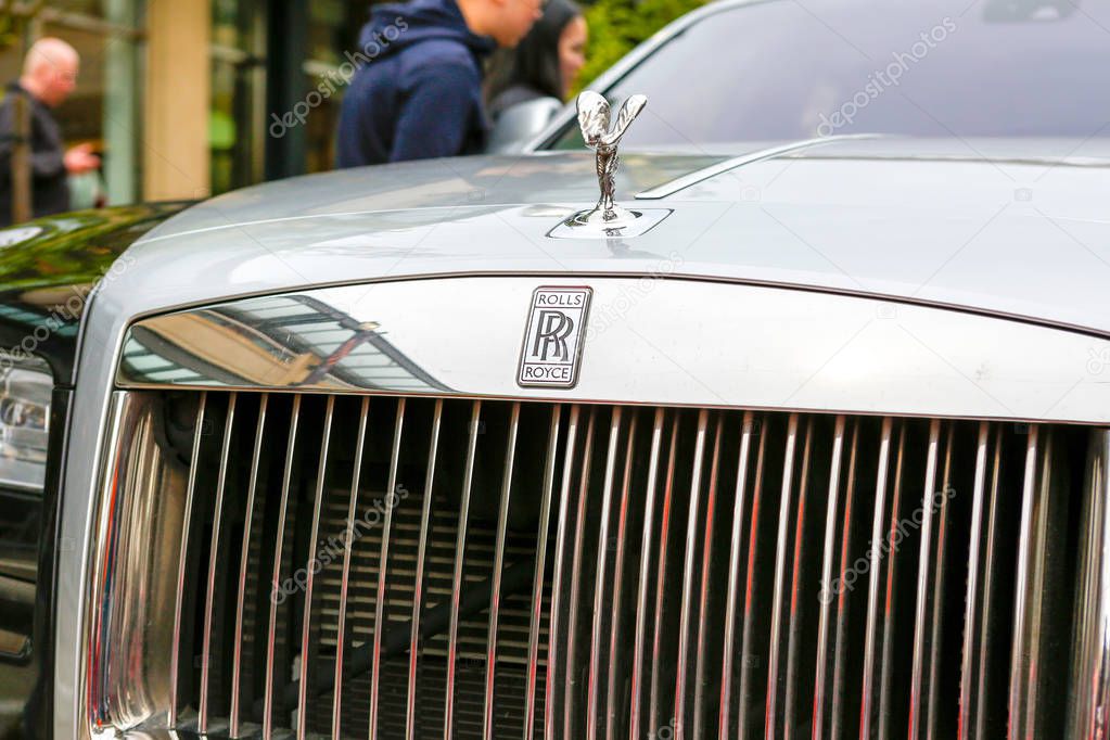 REDMOND, WA - APRIL 29, 2017: Close-up of Silver Lady mascot on the bonnet, hood of a Rolls Royce. Exotic car show at Redmond Town Center. The Largest Weekly Gathering Of Exotic Cars In The USA.
