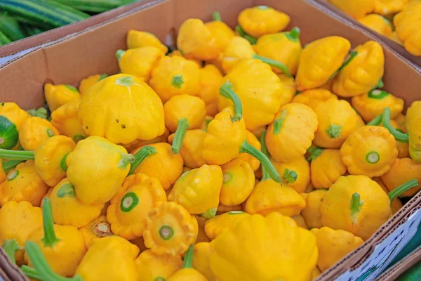 Yellow patty pan squash displayed for sale at the Farmers\' Market