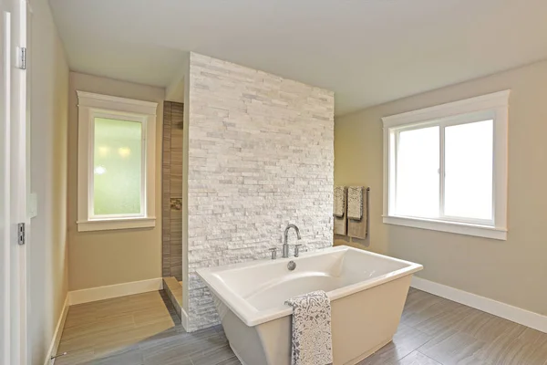 Kamar mandi utama yang menakjubkan dengan bak mandi berdiri bebas — Stok Foto