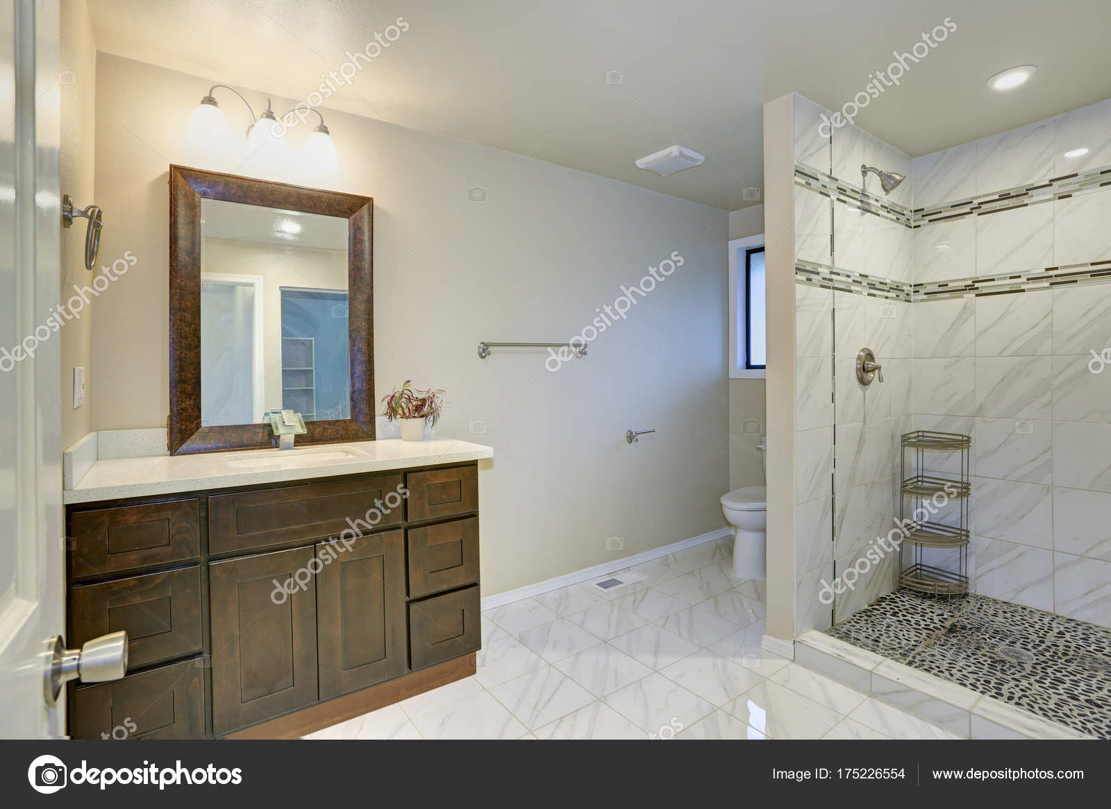 Bright Clean Bathroom Interior With Espresso Vanity Cabinet Stock Photo