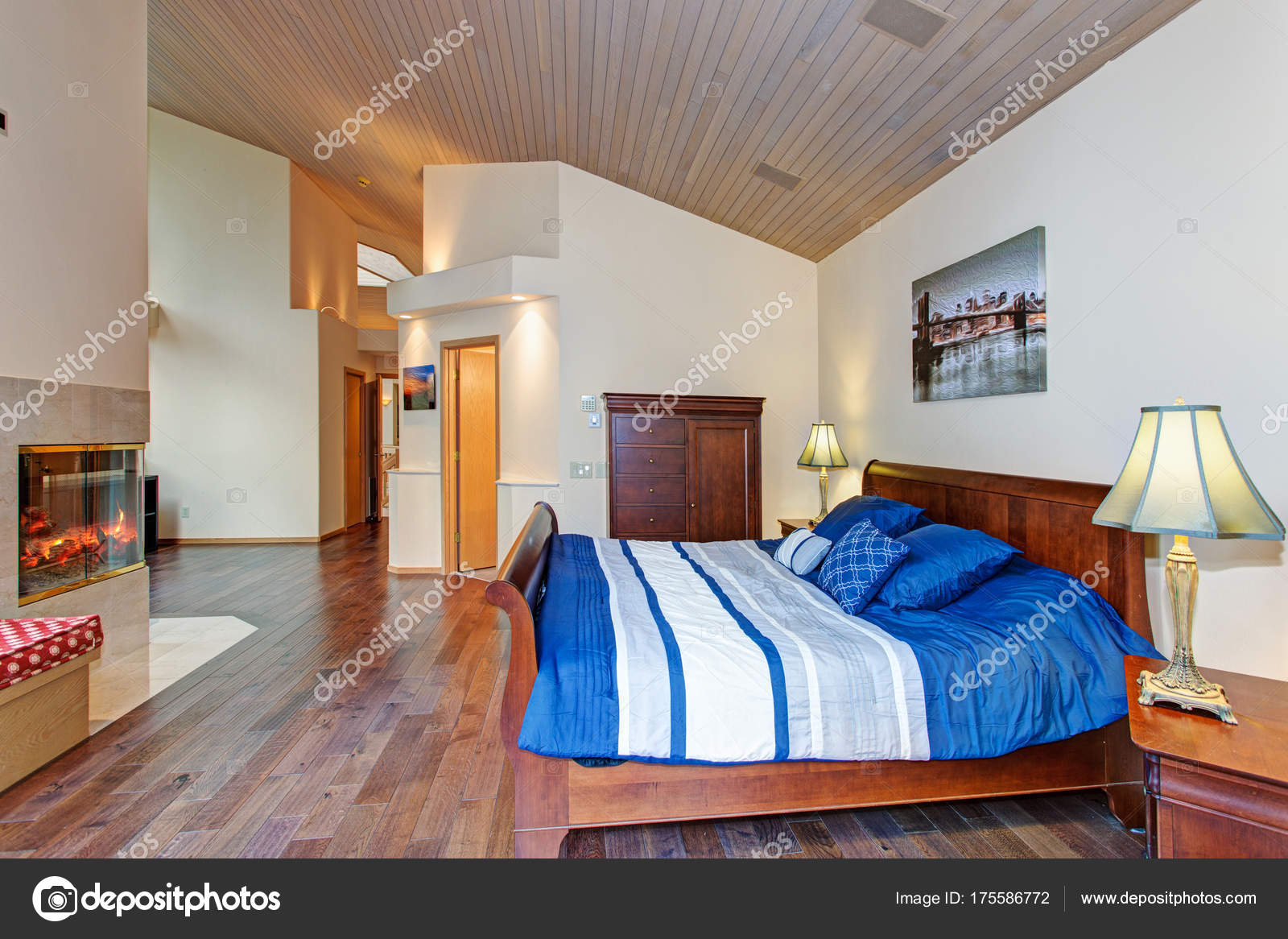 Luxurious Master Bedroom With Vaulted Ceiling Stock Photo