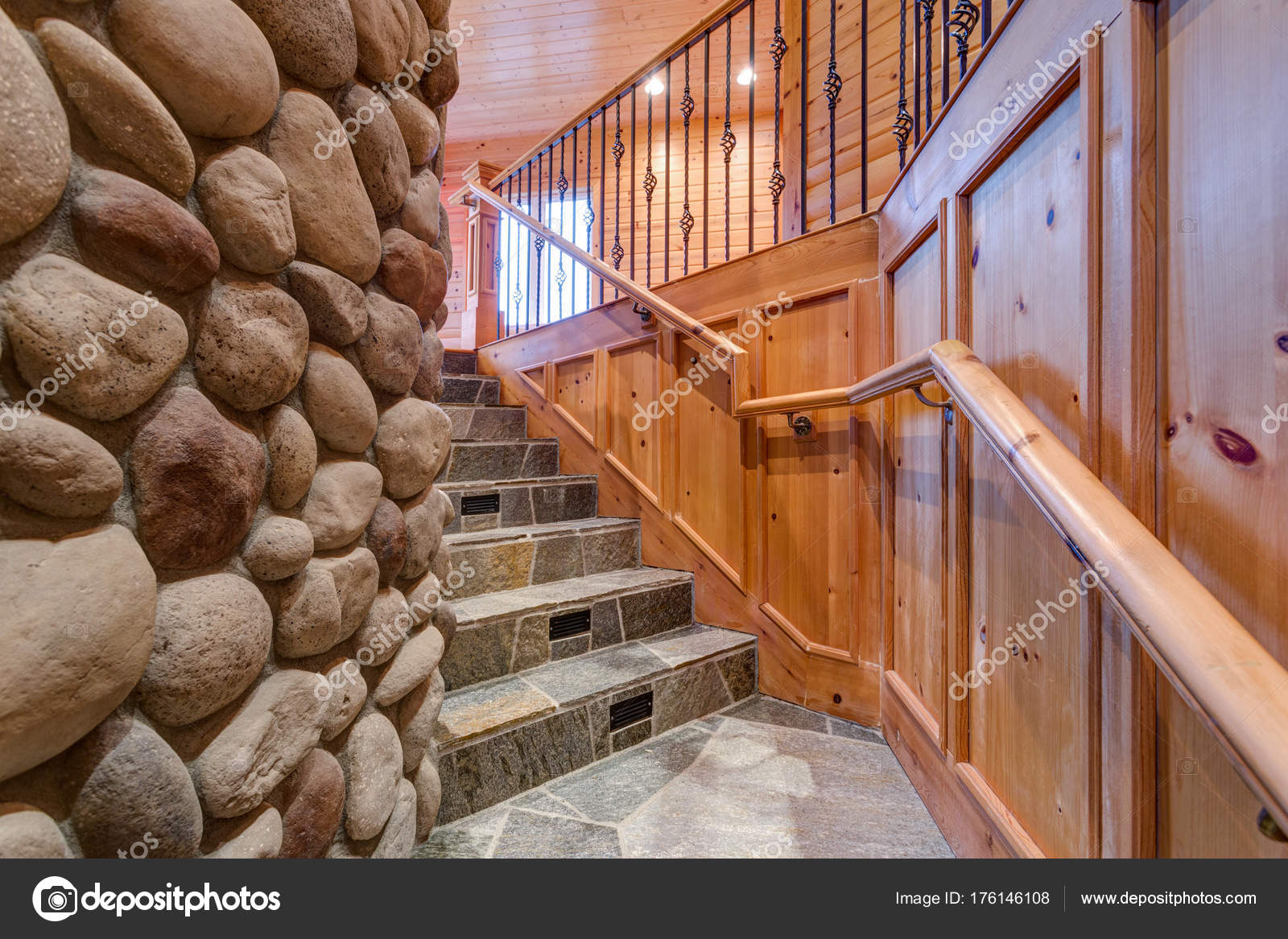 Natural Stone Staircase Leading Upstairs Stock Photo
