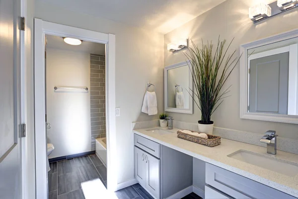 Cuarto de baño cálido y limpio con armario gris de doble vanidad — Foto de Stock