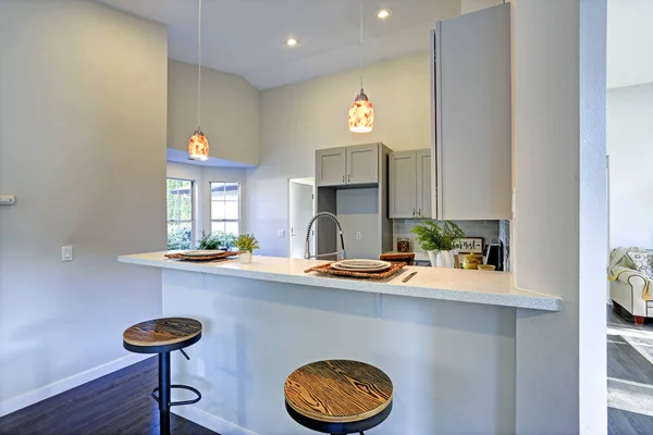 Light grey kitchen room interior with bar style kitchen island — Stock Photo, Image
