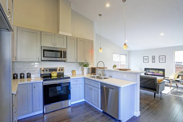 Светло-серый интерьер кухни со сводчатым потолком — стоковое фото