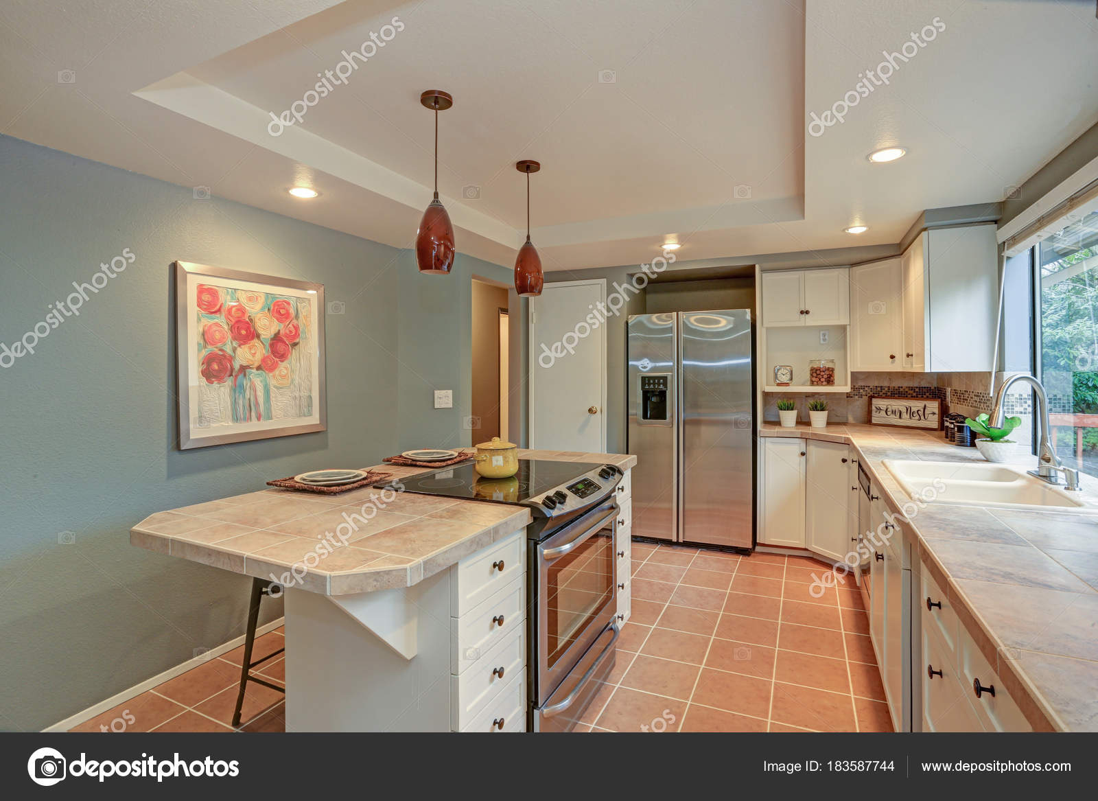 Second Floor Kitchen Boasts Tray Ceiling Island Stock