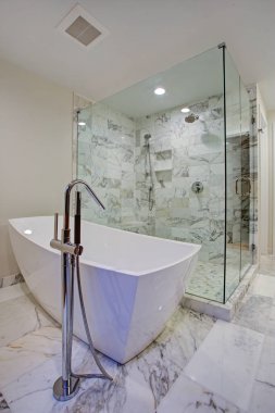 Sleek bathroom with freestanding bathtub and walk in shower clipart