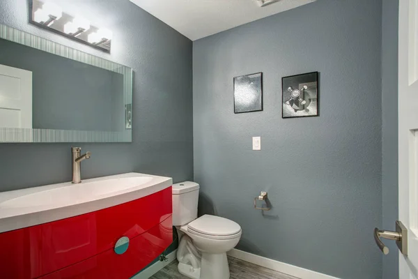 Grey and red bathroom design in a freshly renovated home. — Stock Photo, Image