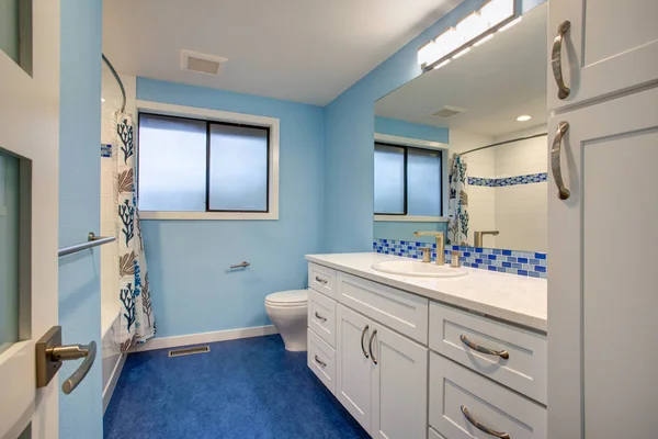 Precioso baño con paredes azules Imagen De Stock