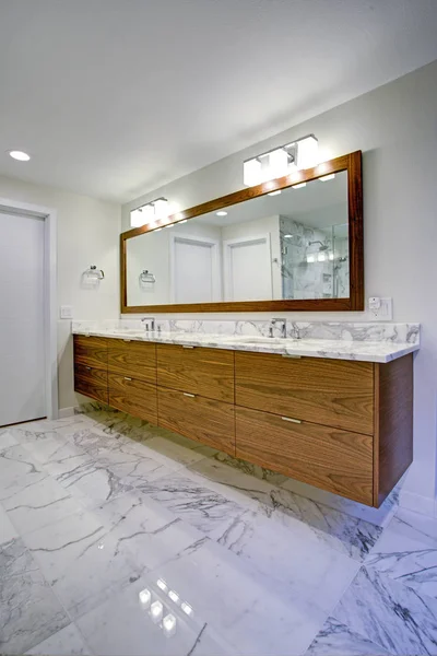精致的浴室, 配备双人化妆柜 免版税图库照片