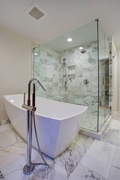 Elegante baño con bañera independiente y ducha a ras de suelo Imagen De Stock