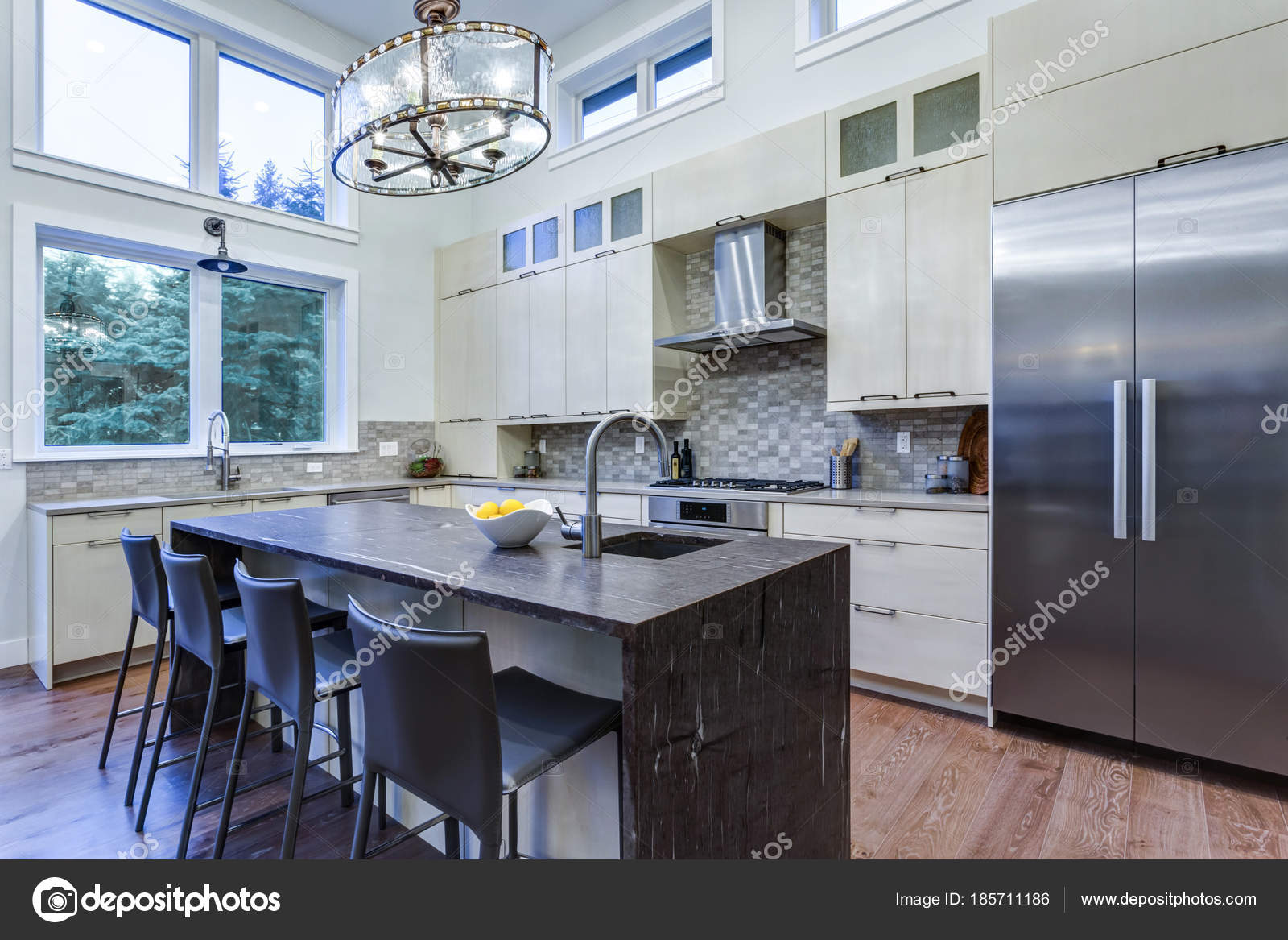 Contemporary White Kitchen With High End Kitchen Appliances Stock Photo Alabn 185711186
