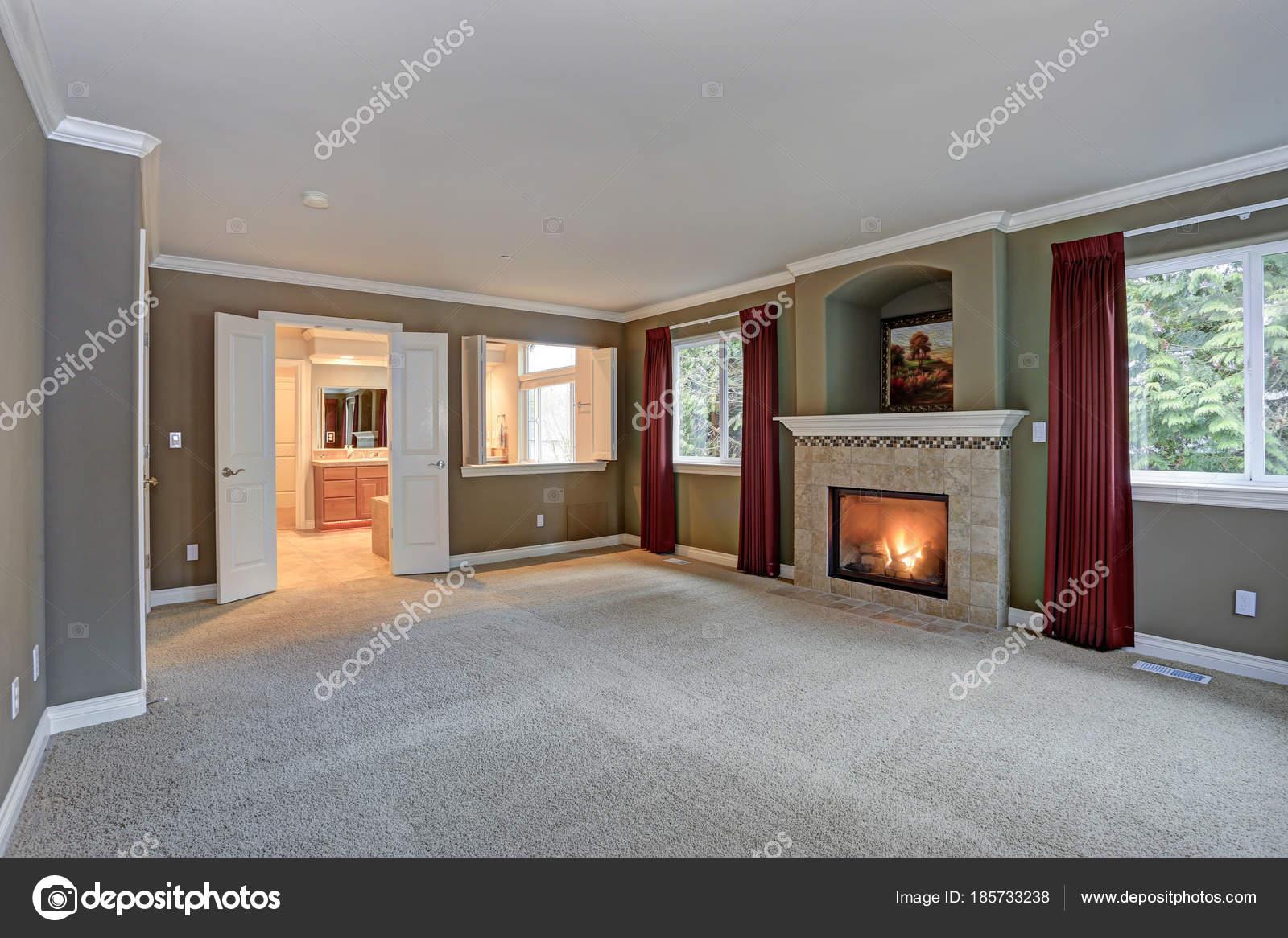 Spacious Red And Gray Living Room With High Ceiling Stock