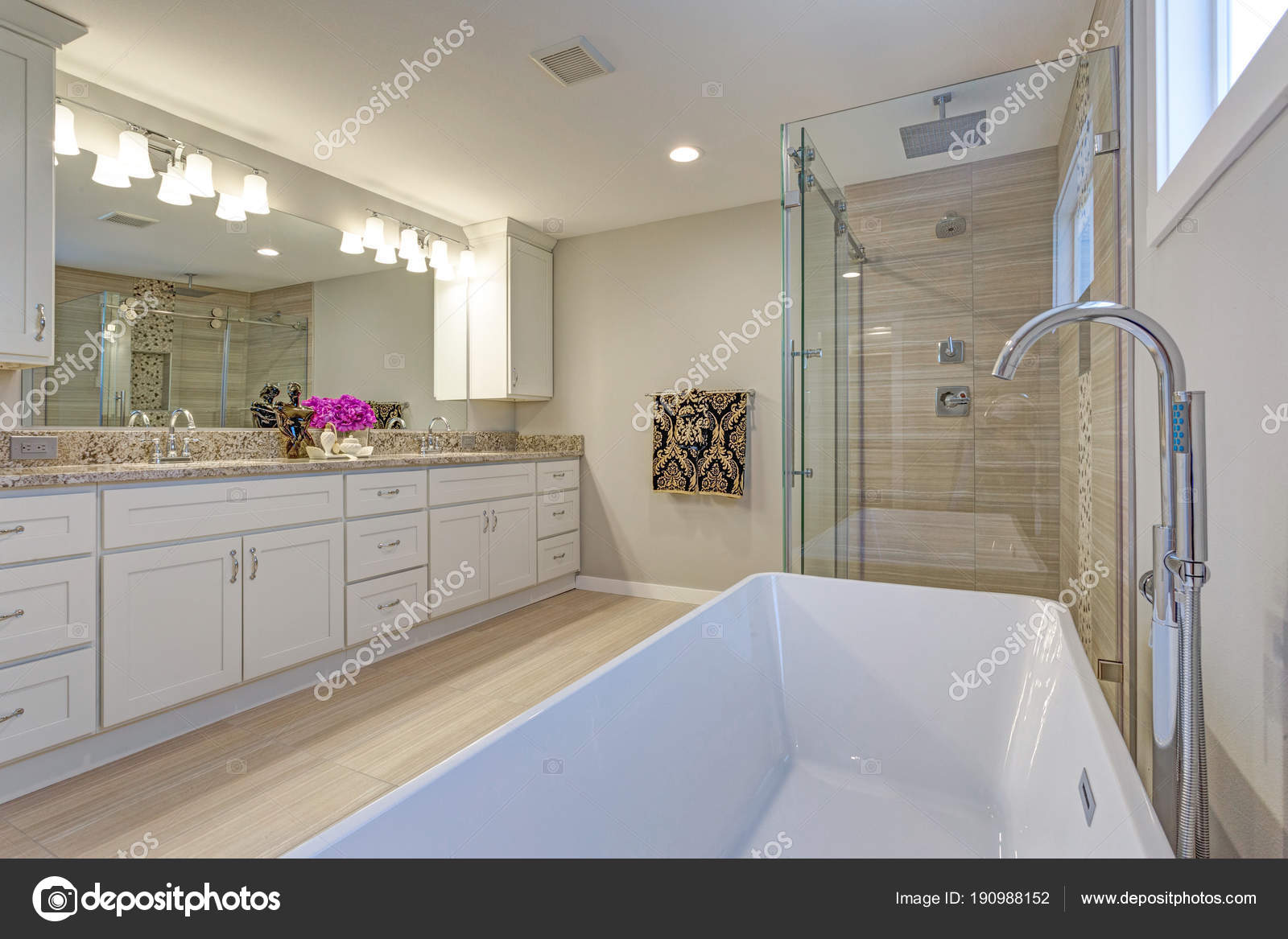 Light Modern Bathroom Design With Long White Vanity Cabinet Stock Photo Alabn 190988152