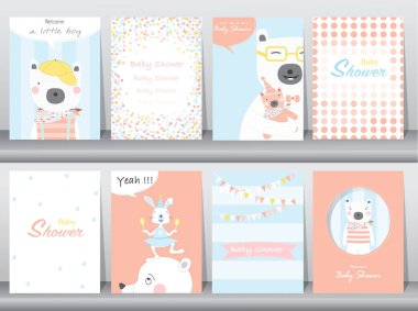 Dizi baby shower davetiye, doğum günü, poster, şablon, tebrik kartları, hayvanlar, sevimli, ayılar, vektör çizimler