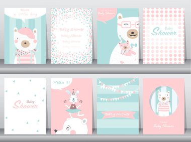 Dizi baby shower davetiye, doğum günü, poster, şablon, tebrik kartları, hayvanlar, sevimli, ayılar, vektör çizimler