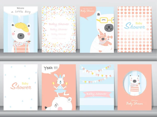 Conjunto de tarjetas de invitación para baby shower, cumpleaños, póster, plantilla, tarjetas de felicitación, animales, lindo, osos, ilustraciones vectoriales — Archivo Imágenes Vectoriales