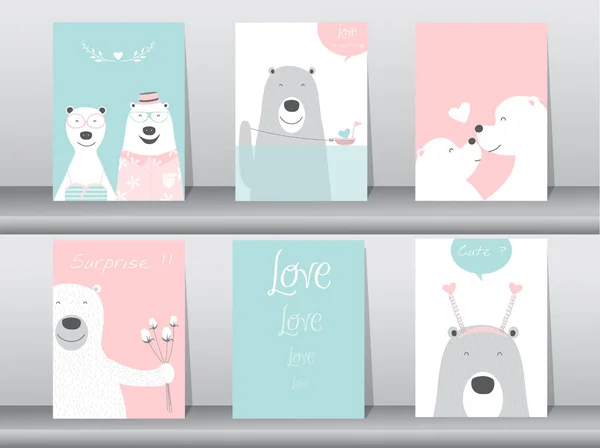 Set of cute animals poster,Design for valentine's day ,template,cards,bear,Vector illustrations — Stock Vector
