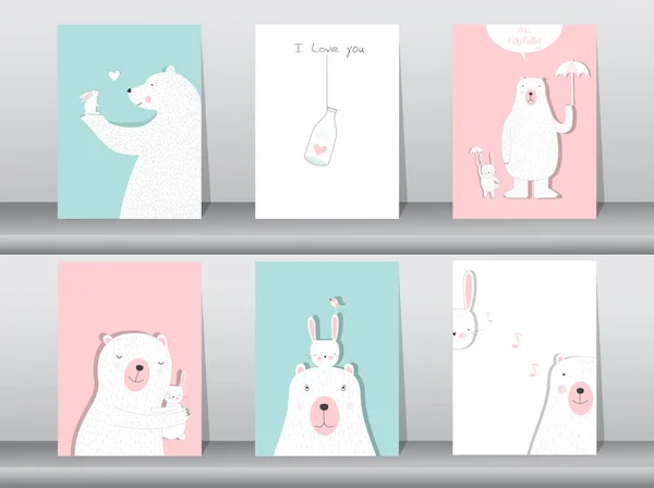 Ensemble d'animaux mignons affiche, Conception pour la Saint-Valentin, modèle, cartes, ours, illustrations vectorielles — Image vectorielle