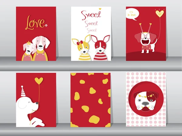 Set von niedlichen Tieren Poster, Design für Valentinstag, Vorlage, Karten, Hunde, Vektor-Illustrationen — Stockvektor