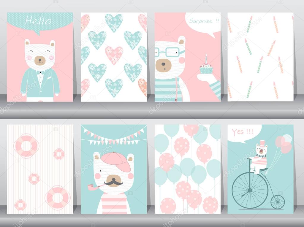 Set of cute animals poster ,template,cards,bear,Vector illustrations 