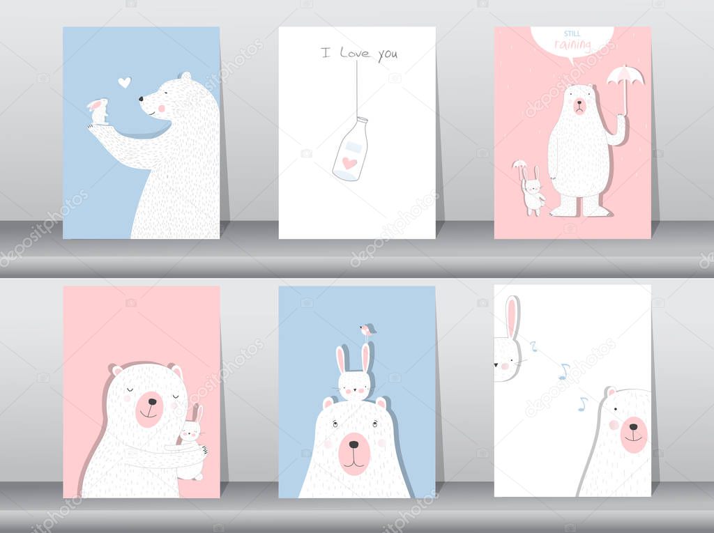 Set of cute animals poster,Design for valentine's day ,template,cards,bear,Vector illustrations 