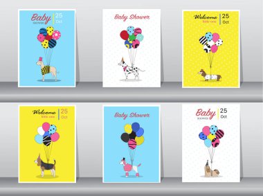 Bebek duş kartlar, vintage renk, poster, şablon, tebrik kartları, Balonlar, hayvanlar, köpek, vektör çizimler kümesi