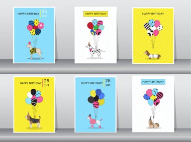 Doğum günü kartları, vintage renk, poster, şablon, tebrik kartları, Balonlar, hayvan, köpek, vektör çizimler kümesi
