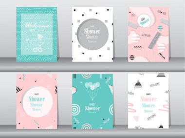 Bebek duş kartı memphis desen retro vintage 80s veya 90'lı yılların styl, poster, şablon tebrik vektör çizimler, dizi