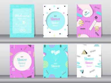 Bebek duş kartı memphis desen retro vintage 80s veya 90'lı yılların styl, poster, şablon tebrik vektör çizimler, dizi