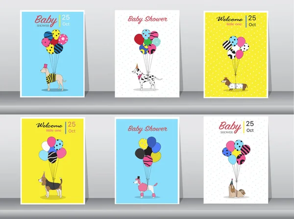 Conjunto de cartões de banho de bebê, cor vintage, cartaz, modelo, cartões de saudação, balões, animais, cães, ilustrações Vector —  Vetores de Stock