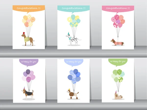 Kutlama kartları, poster, şablon, tebrik kartları, tatlı, Balonlar, hayvan, köpek, vektör çizimler kümesi