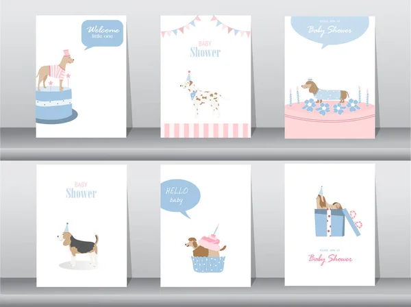 Σύνολο των baby shower προσκλήσεις κάρτες, αφίσα, Χαιρετισμός, πρότυπο, ζώα, σκύλοι, εικονογραφήσεις φορέα — Διανυσματικό Αρχείο