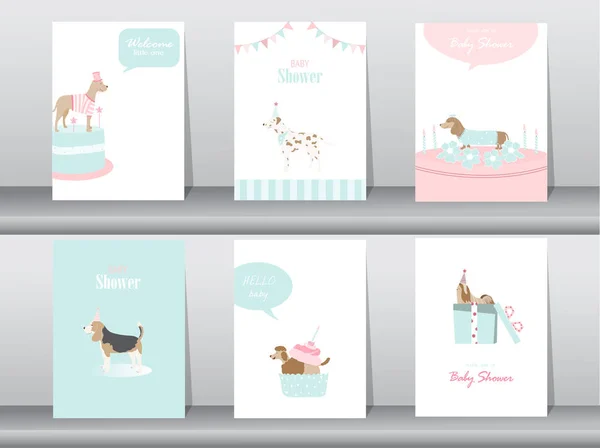 Ensemble de cartes d'invitation de baby shower, affiche, salutation, modèle, animaux, chiens, illustrations vectorielles — Image vectorielle