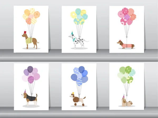 Дизайн милых открыток для животных, плакат, шаблон, поздравительные открытки, сладкий, воздушные шары, собаки, векторные иллюстрации — стоковый вектор